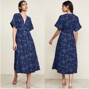 Equipment Nauman Eclipse Navy Blue A-Line Floral Print Crepe Midi Dress